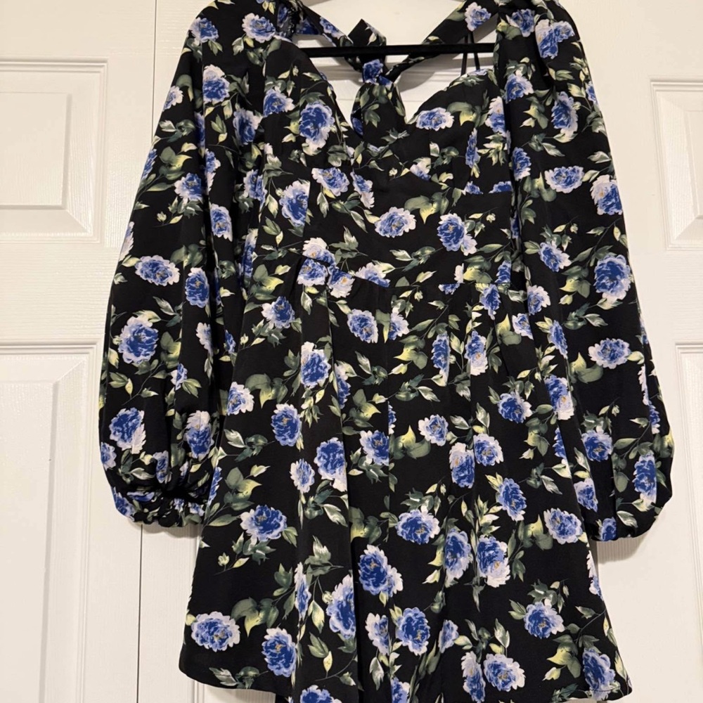 Floral Black romper with Blue and Green Accents